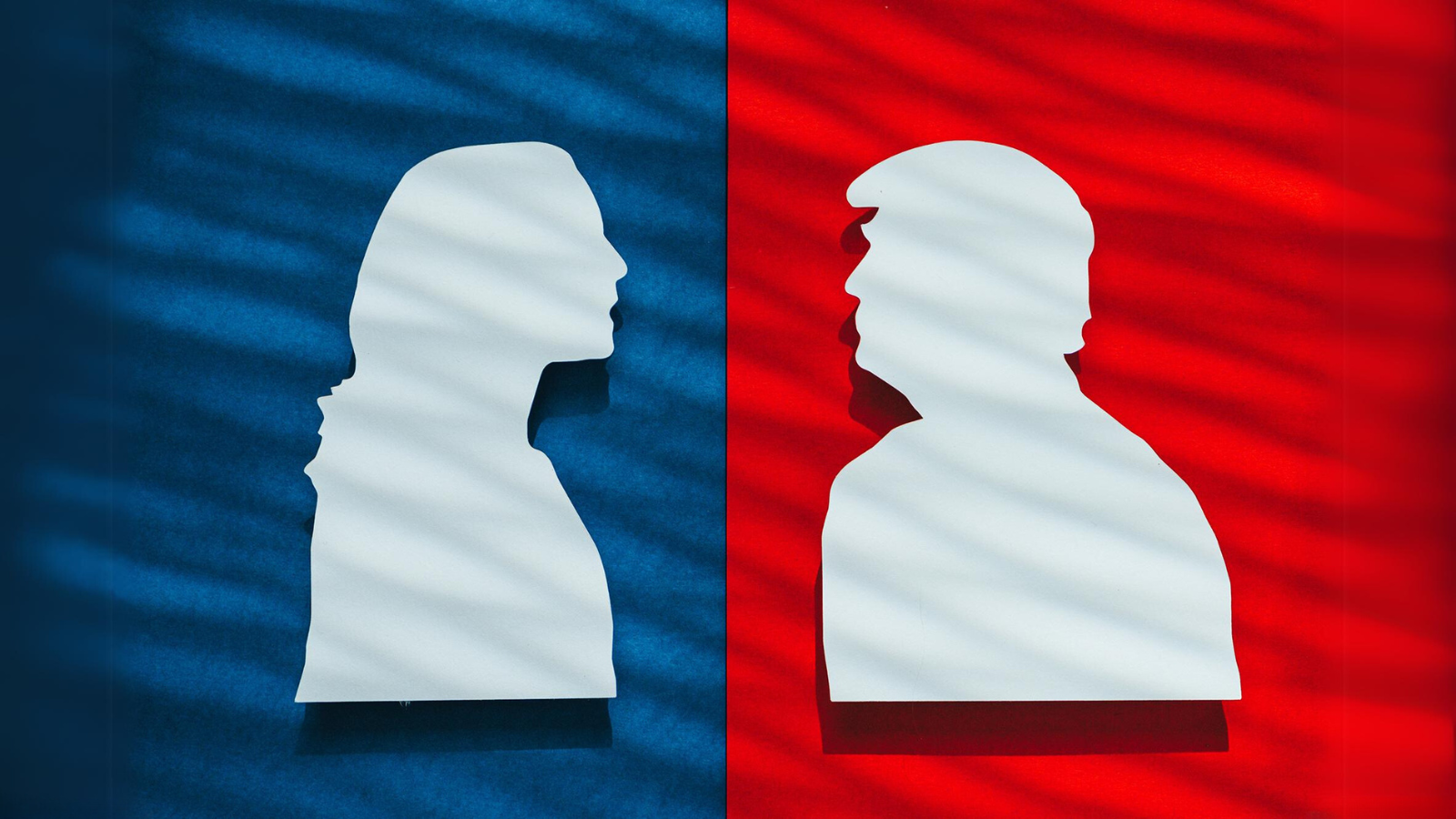 Silhouette of Kamala Harris in front of a blue background (left) facing a silhouette of Donald Trump in front of a red background (right)