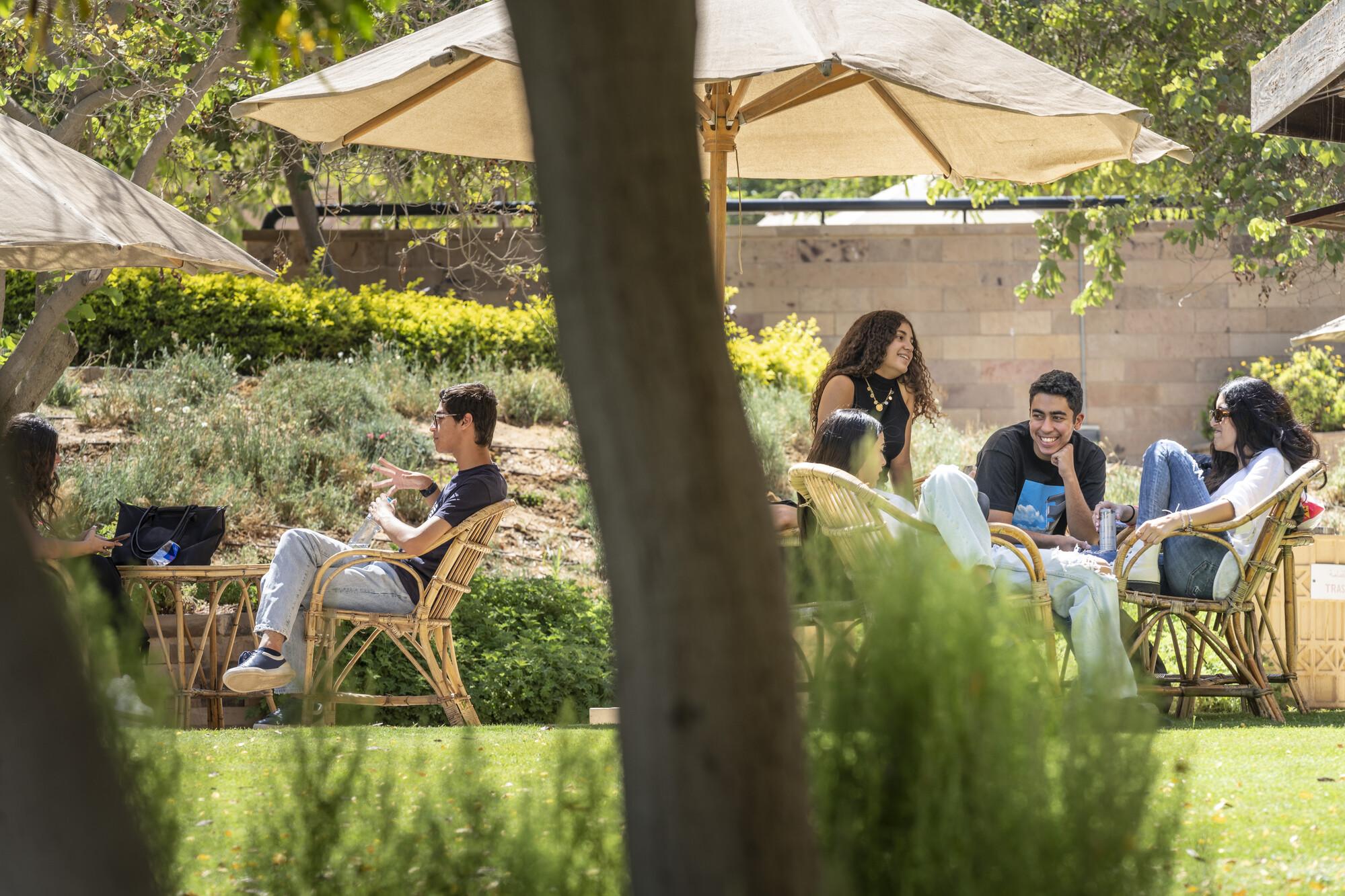 students in AUC gardens talking and socializing