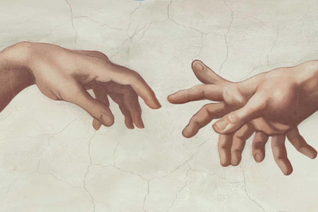 Recreation of "Creation of Adam" finger touch, except one of the hands has extra fingers
