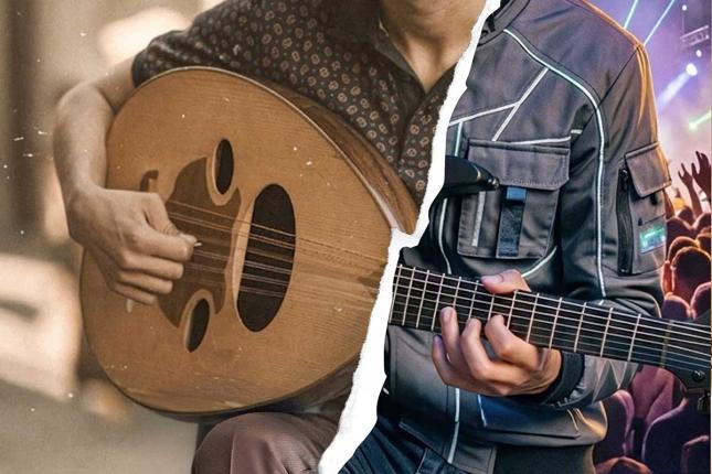 A person plays the oud; a person plays the electric guitar