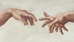 Recreation of "Creation of Adam" finger touch, except one of the hands has extra fingers