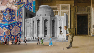 Bernard O'Kane taking a photo of tiles, with the monuments collaged onto the image
