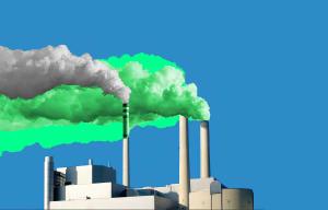 A factory emits smoke through a smokestack