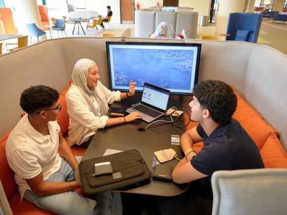Students working in library and discussing project